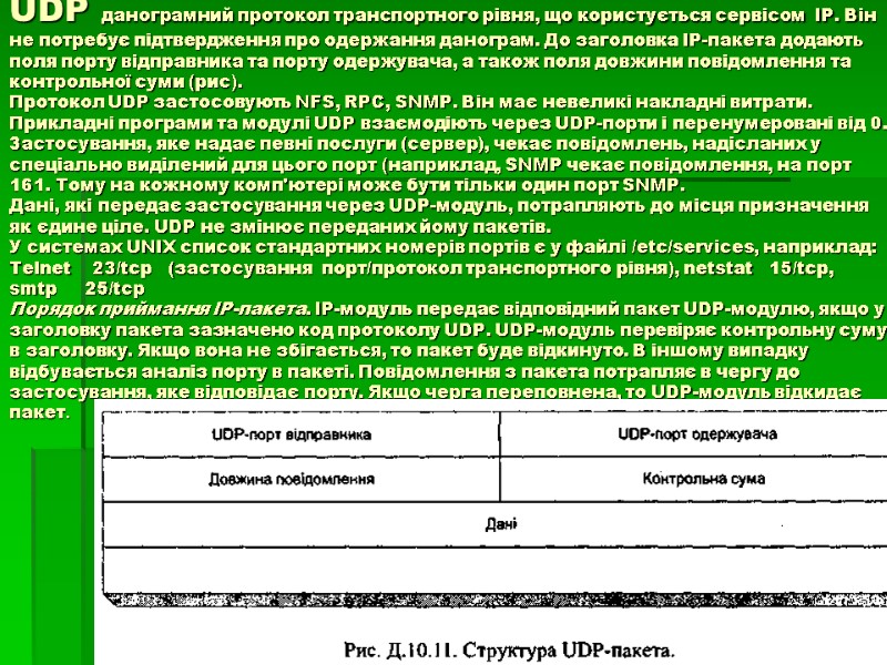 UDP данограмний протокол транспортного рівня, що користується сервісом  IP. Він не потребує підтвердження